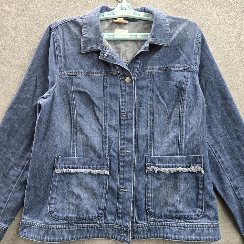 J. Jill Women Jacket M PETITE Blue Denim Fringe‎ Button Long Sleeve